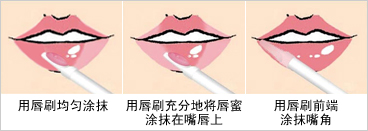用唇刷均匀涂抹,用唇刷充分地将唇蜜涂抹在嘴唇上，用唇刷前端涂抹嘴角。